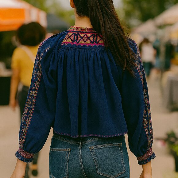 Free People Boho Embroidered Crop Top Navy Blue Peasant Blouse Medium - Picture 2 of 10